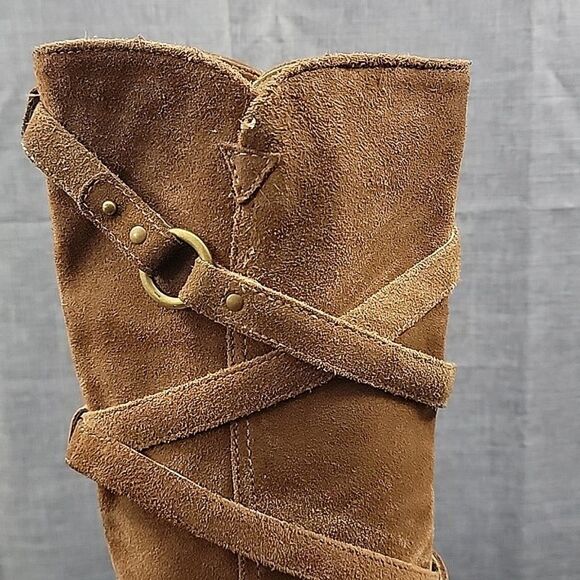 Michael Kors Tall Brown Suede Leather Strappy Wedge Heeled Slouch Boots SZ  6.5 - Picture 7 of 13